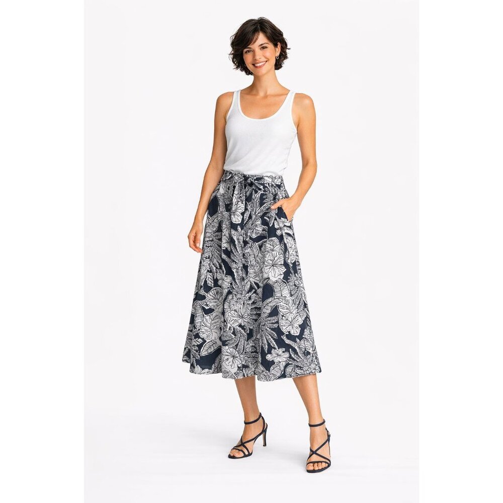 ZARA Small Floral Print Skirt Cotton Blend Tropical Waist Pockets Navy & White